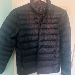 Ralph Lauren Men's Black Puffer Jacket with Red Logo